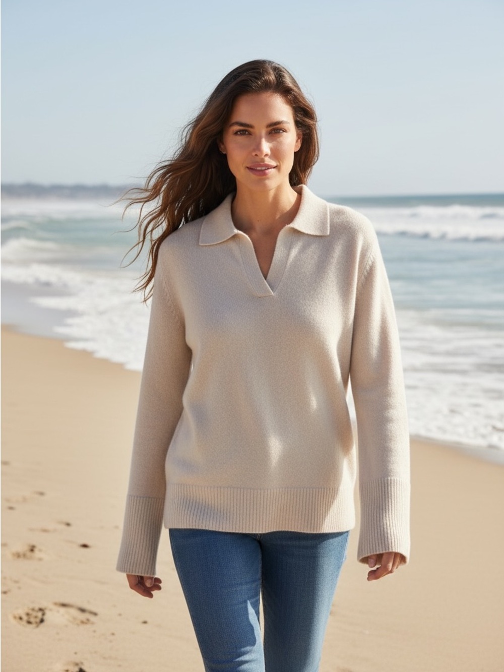 Saks Fifth Ave Woman’s Cashmere Collared Sweater Beige SZ S EUC Classic Luxury